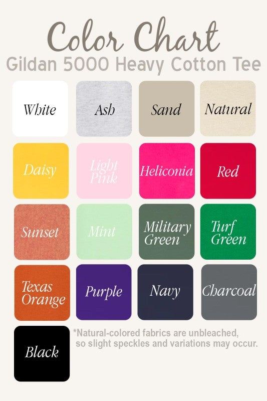 Color chart for Gildan 5000 Heavy Cotton Tee showing various color options including white, ash, black, and more.