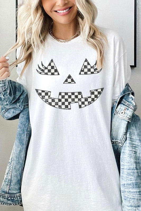 Checker Pumpkin Face Graphic Heavy Cotton Tee featuring a playful pumpkin design on a white background.