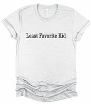 Least Favorite Kid Short Sleeve Graphic Tee on a soft gray shirt, perfect for parents with a sense of humor.