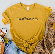 Least Favorite Kid Short Sleeve Graphic Tee, soft yellow shirt with humorous graphic design.