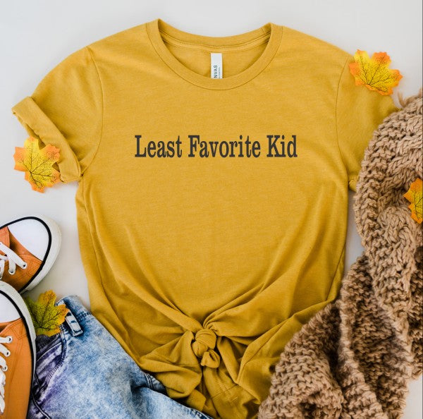 Least Favorite Kid Short Sleeve Graphic Tee, soft yellow shirt with humorous graphic design.