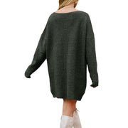 V-Neck Dropped Shoulder Sweater Dress – Cozy Knit Style featuring a relaxed silhouette and soft knit fabric.