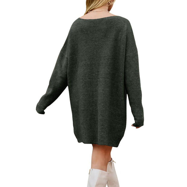 V-Neck Dropped Shoulder Sweater Dress – Cozy Knit Style featuring a relaxed silhouette and soft knit fabric.