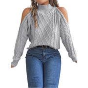 Cable Knit Cold Shoulder Turtleneck Sweater in gray with trendy cold-shoulder cutouts.