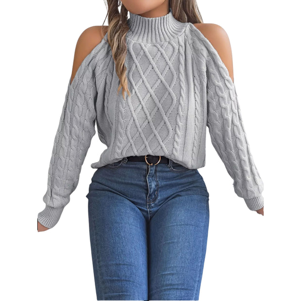 Cable Knit Cold Shoulder Turtleneck Sweater in gray with trendy cold-shoulder cutouts.
