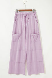 Mineral Wash Reverse Seam Drawstring Elastic Waist cargo pants in lavender with functional pockets.