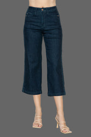 Judy Blue Side Seam Braid Crop Wide Leg Jeans in dark denim with a cropped fit and wide leg design.
