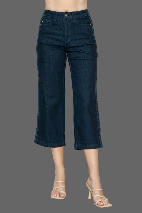 Judy Blue Side Seam Braid Crop Wide Leg Jeans in dark denim with a cropped fit and wide leg design.