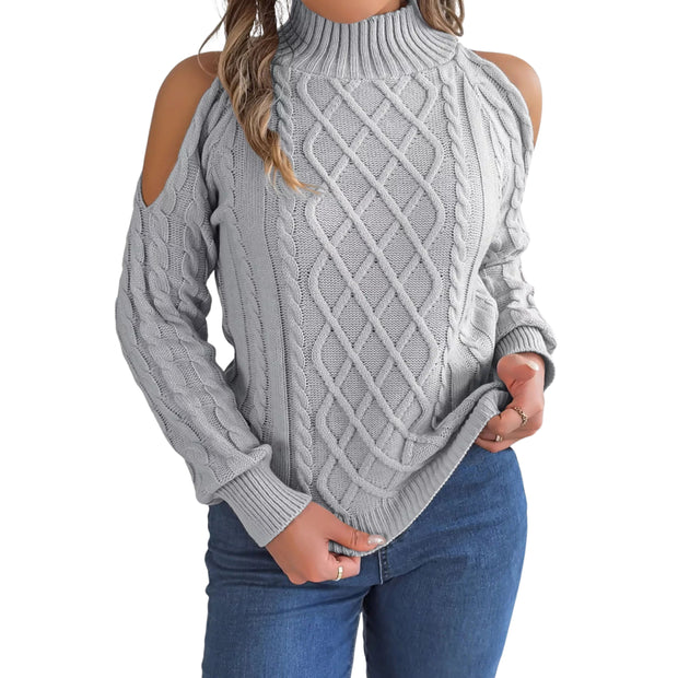 Cable Knit Cold Shoulder Turtleneck Sweater in light gray, featuring stylish shoulder cutouts and classic cable-knit design.