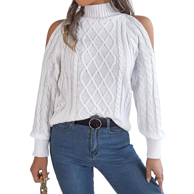 Cable Knit Cold Shoulder Turtleneck Sweater in gray with stylish cutouts and cozy cable knit design.