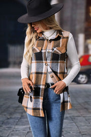 Plaid Button-Up Vest Coat styled with a white turtleneck and wide-brimmed hat, perfect for a chic fall look.