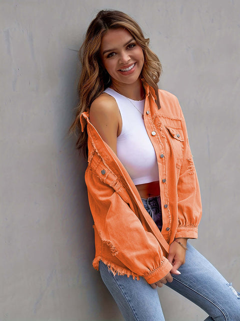 Distressed Fringe Denim Jacket-orange-side-angle.jpg