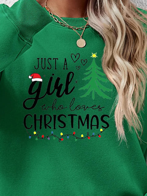Letter Graphic Round Neck Sweatshirt featuring a festive design with Christmas tree and text 'Just a girl who loves Christmas'.