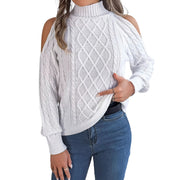 Stylish Cable Knit Cold Shoulder Turtleneck Sweater in white, featuring trendy shoulder cutouts.