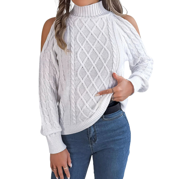 Stylish Cable Knit Cold Shoulder Turtleneck Sweater in white, featuring trendy shoulder cutouts.