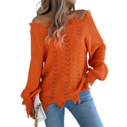 Distressed Hem Openwork Off-Shoulder Sweater – Relaxed Knit in orange, featuring raw hemline and open-knit style.