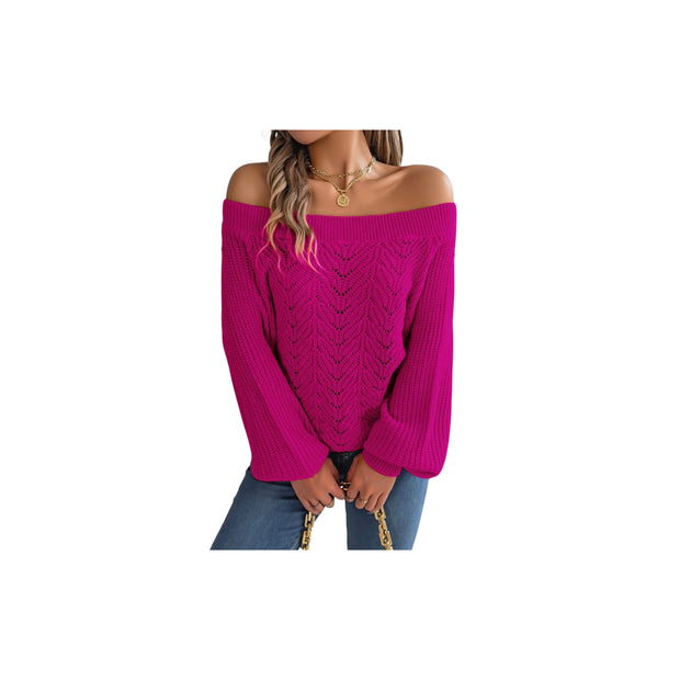 Trendy Openwork Off-Shoulder Knit Sweater – Cozy Fall Long Sleeve Top in vibrant pink with openwork detailing.