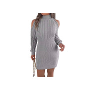 Cold Shoulder Cable Knit Turtleneck Sweater Dress – Long Sleeve Cutout Knit Dress in light gray with shoulder cutouts
