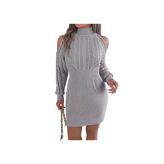 Cold Shoulder Cable Knit Turtleneck Sweater Dress – Long Sleeve Cutout Knit Dress in light gray with shoulder cutouts
