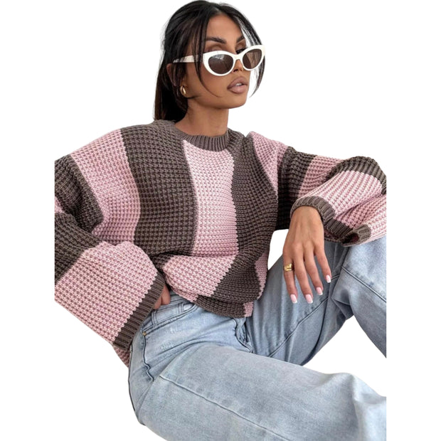 Cozy Color Block Oversized Sweater featuring a relaxed fit in pink and brown, perfect for everyday style.
