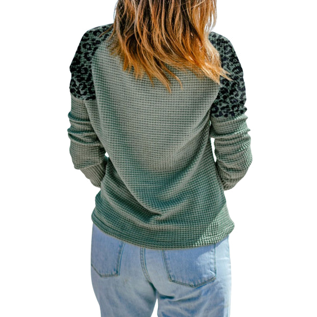 Joanna Leopard Print Waffle Knit Buttoned V-Neck Top, back view showing textured waffle knit and leopard print sleeves.