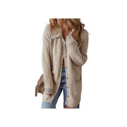 Cozy Button-Up Cardigan with Pockets – Long Sleeve Knit Sweater worn with casual outfit, featuring pockets and button-up design.