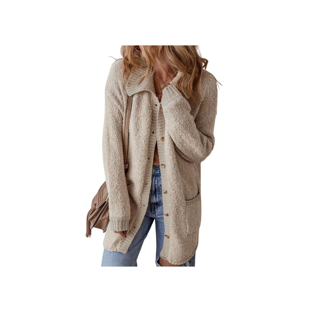 Cozy Button-Up Cardigan with Pockets – Long Sleeve Knit Sweater worn with casual outfit, featuring pockets and button-up design.