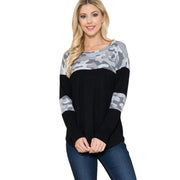 Camouflage Contrast Lightweight Sweater Knit featuring a relaxed fit with textured camo print and drop shoulders.