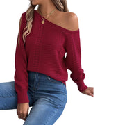 One-Shoulder Openwork Cutout Long Sleeve Sweater – Chic Knit Pullover in burgundy color, featuring delicate knit details.