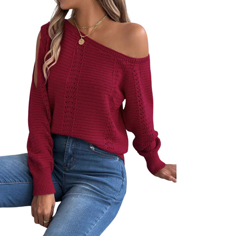 One-Shoulder Openwork Cutout Long Sleeve Sweater – Chic Knit Pullover in burgundy color, featuring delicate knit details.