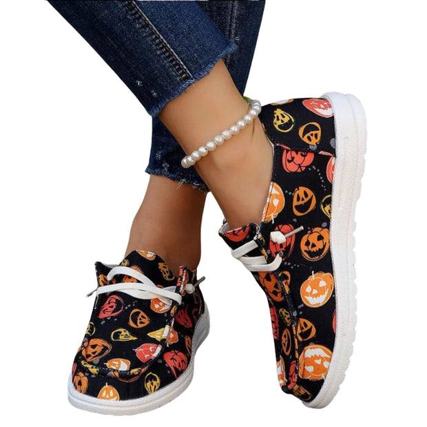 Halloween Pumpkin Print Round Toe Sneakers with pumpkin design for spooky season outfits.