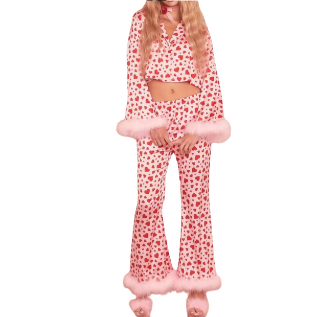 Heart Print Long Sleeve Button Top & Pants Lounge Set featuring a pink heart pattern and fluffy trims.