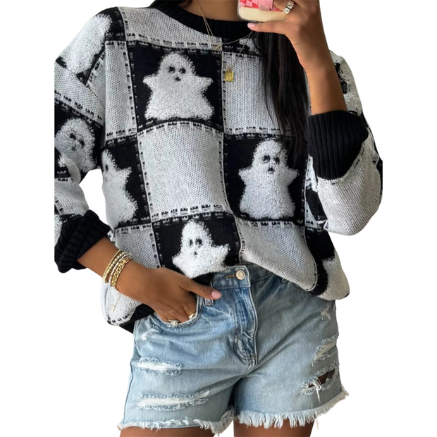 Halloween Ghost Checkered Drop-Shoulder Sweater featuring a playful ghost pattern, perfect for cozy fall layers.