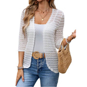 Open Front 3/4 Sleeve Cardigan – Lightweight Layer with openwork knit and 3/4 sleeves, styled over a tank top.