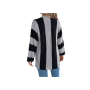 Cozy Color Block Button-Up Cardigan – Long Sleeve Knit Sweater back view with gray and black stripes.
