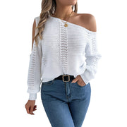 One-Shoulder Openwork Cutout Long Sleeve Sweater – Chic Knit Pullover worn with jeans, showcasing a stylish look.