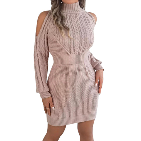 Cold Shoulder Cable Knit Turtleneck Sweater Dress – Long Sleeve Cutout Knit Dress
