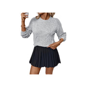 Embroidered Flower Bow Sweater with Rhinestone Detail – Round Neck Long Sleeve worn with a pleated skirt