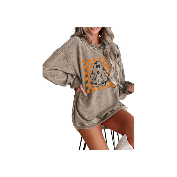 Halloween Checkerboard Ghost Graphic Sweatshirt – Spooky Floral Corded Pullover worn by a model sitting on a chair.