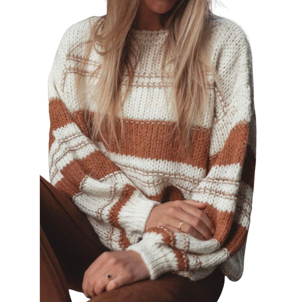 Maggie Striped Knit Oversized Sweater with Puff Sleeves in chic striped pattern for casual style.