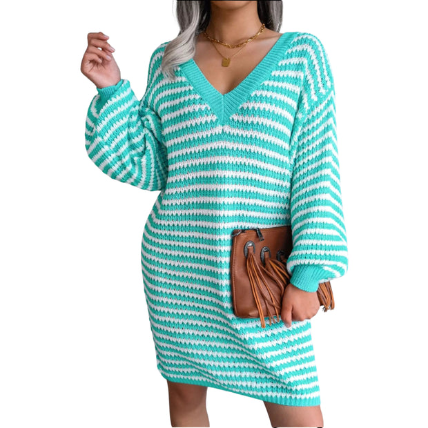 Striped Ribbed V-Neck Sweater Dress – Long Sleeve Knit, featuring a turquoise and white striped pattern.