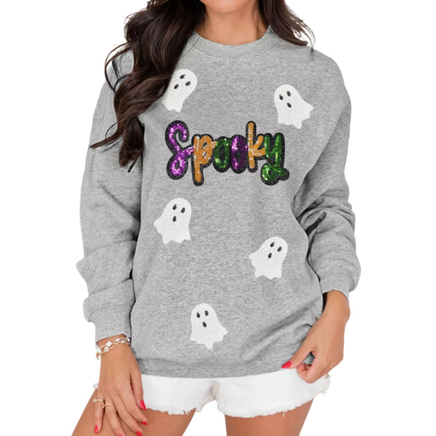Halloween Spooky Ghost Sequin Sweatshirt featuring sparkling sequin ghosts on a cozy gray fabric.
