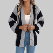 Cozy Color Block Button-Up Cardigan – Long Sleeve Knit Sweater