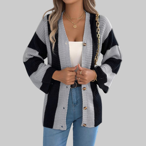Cozy Color Block Button-Up Cardigan – Long Sleeve Knit Sweater