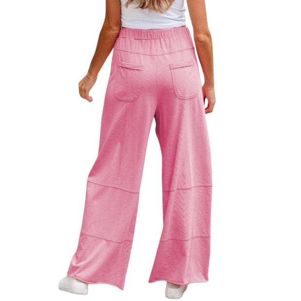 Mineral Wash Reverse Seam Drawstring Elastic Waist cargo pants in pink, featuring a comfortable elastic waistband and back pockets.