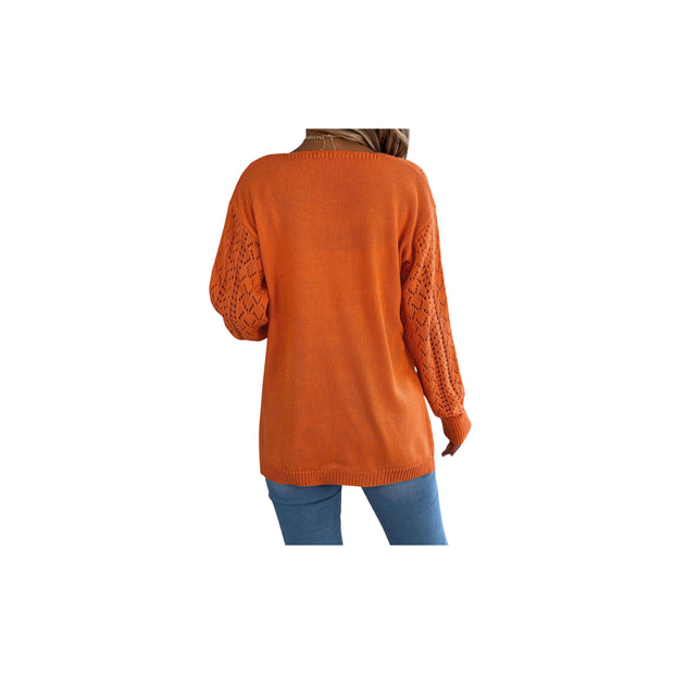 Openwork Knit Open-Front Cardigan – Lightweight Long Sleeve Layering Sweater, back view showcasing the intricate knit detail and relaxed fit.