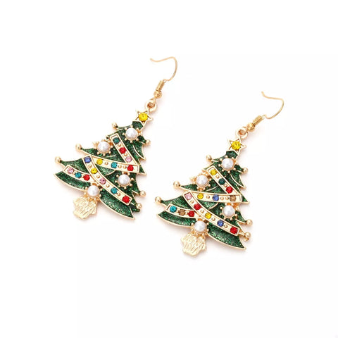 18K Gold Christmas Tree Earrings featuring colorful rhinestones and pearls in a festive tree design.