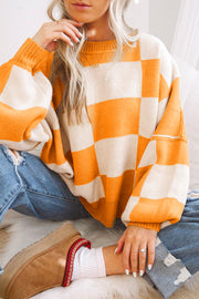 Orange Checkered Knit Bishop Sleeve Sweater