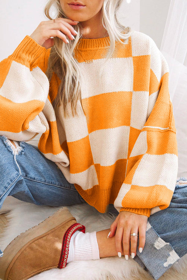 Orange Checkered Knit Bishop Sleeve Sweater