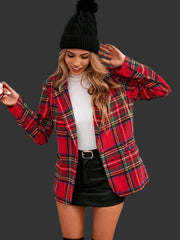 Model wearing a Plaid Single-Button Blazer with a black skirt and hat, showcasing effortless winter style.